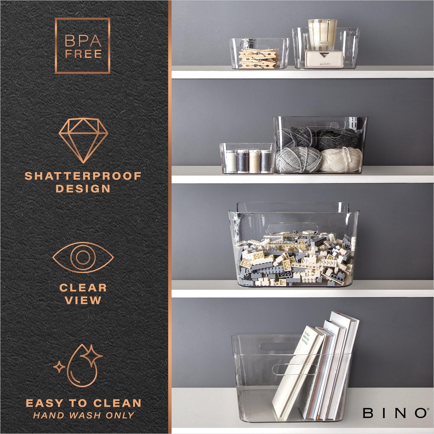 BINO | Plastic Organizer Bins, Small - 4 Pack | The SOHO Collection | Multi-Use Plastic Bin | Pantry & Freezer Organizer Bin | Storage Containers | Bins for Home & Kitchen Org