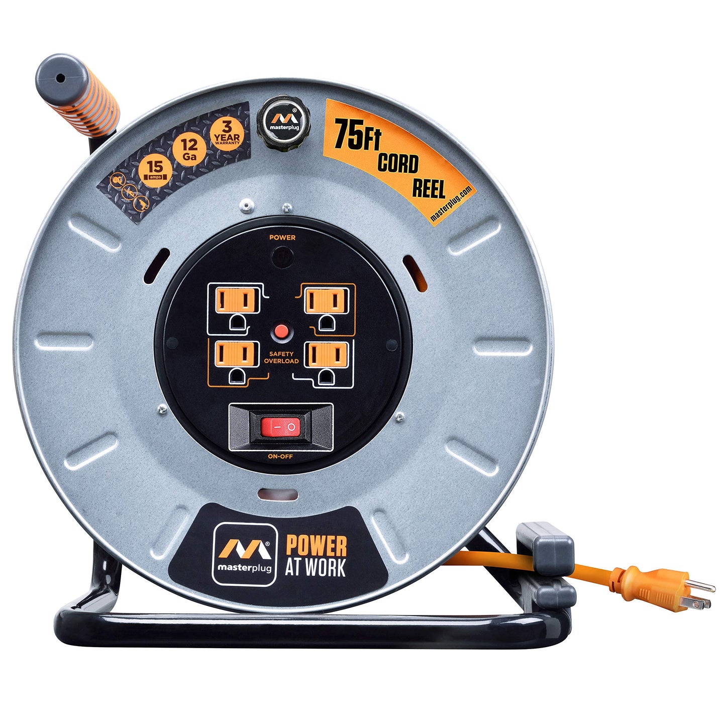 Masterplug Metal Steel Drum with Four Powered Outlets, Open Cord Reel Extension Cord with Winding Handle, Overload Circuit Breaker and Power Switch, 75 Feet 12AWG, High Visibility Cord