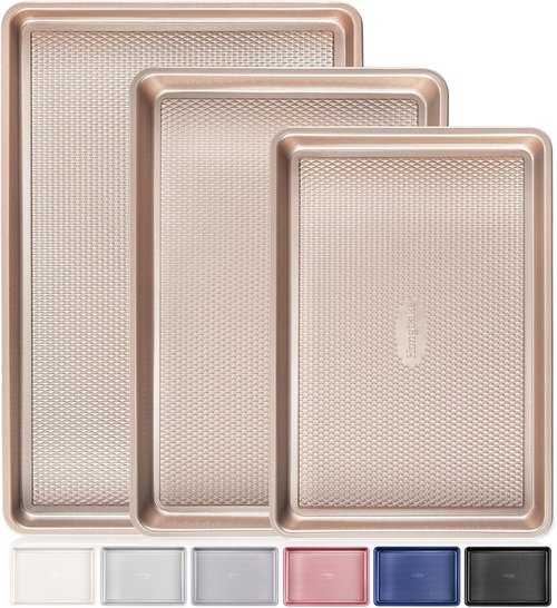 HONGBAKE Nonstick Baking Sheet Pan Set - 3 Heavy Duty Cookie Sheets with Diamond Texture | Champagne Gold