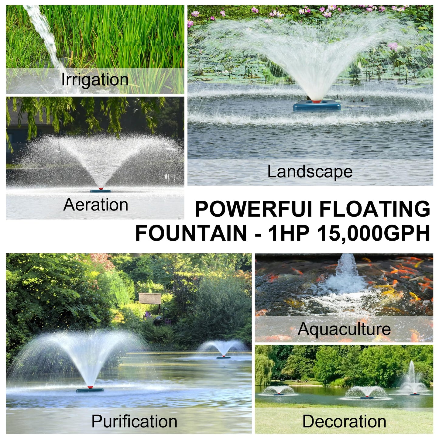 XXK Pond Fountain Aerator, AS2 1HP 750W 15000GPH 110V High Flow Floating Water Fountain Pump With 100ft Power Cord, Stainless Steel Body Aerating Fountains Cascade for Large Small Pond Lake