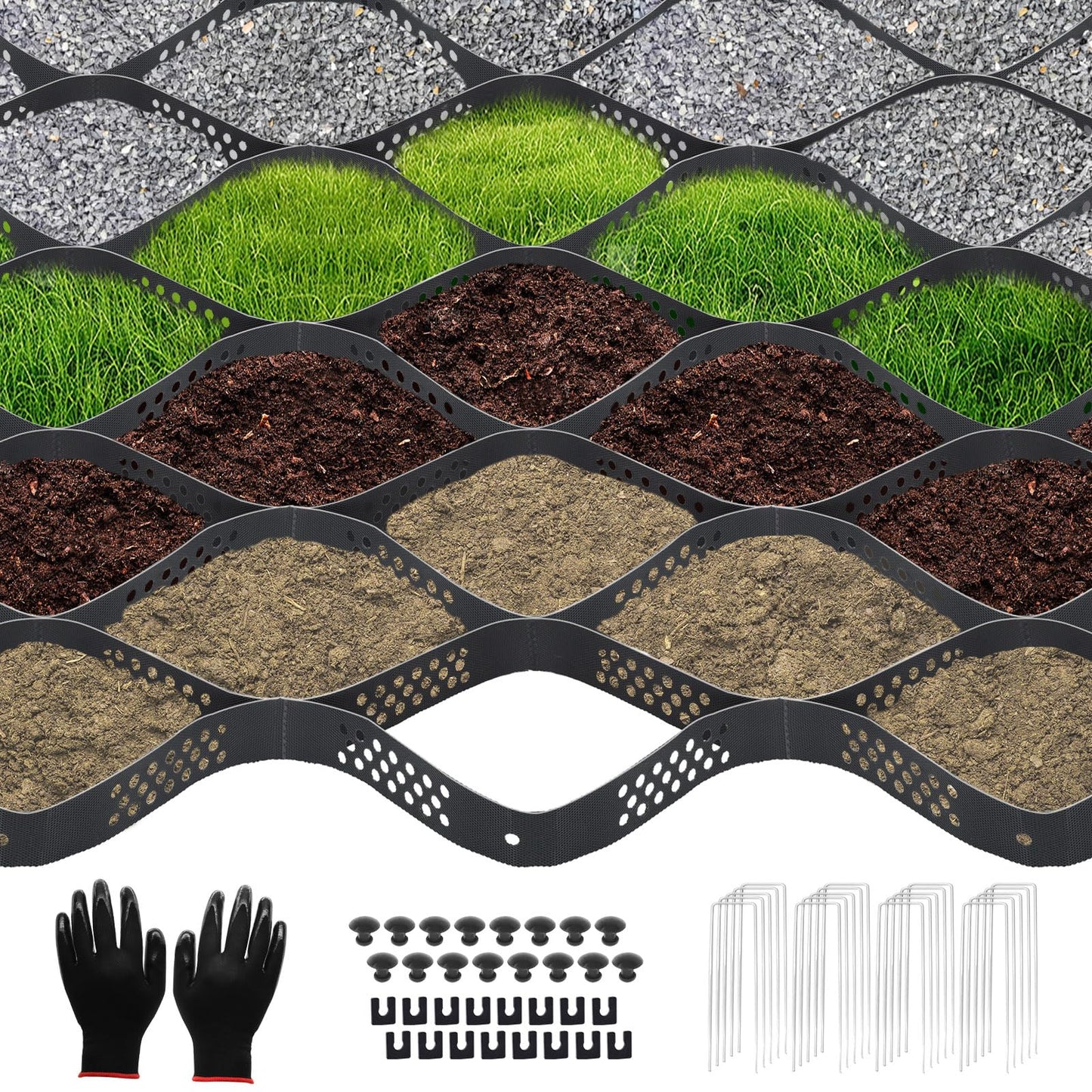 Gravel Grid 33ft X 4ft, 2" Thick Gravel Stabilizer Grid for Pavers Base, Geogrid 1900 Lbs/Sq Ft Load with 36 Geocell Accessories & Gloves for Driveway Parking Ground Walkway Dirt Locker Slope