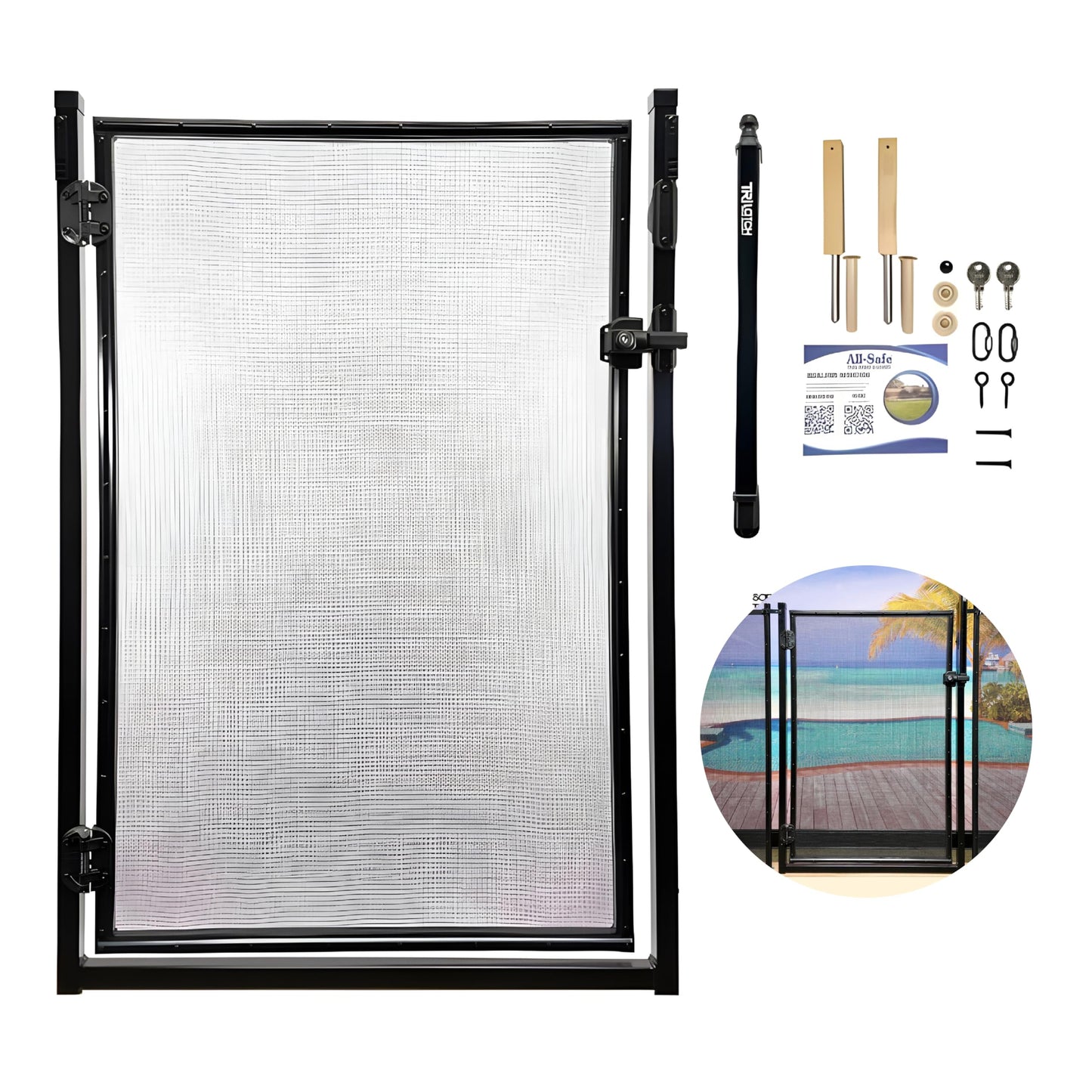 All Safe Pool Fence Door Gate Kit - 4-Foot Black Self-Closing Pool Gate for Decks, Lockable & Easy DIY Installation - Safety Swimming Pool Gate for Kids & Inground Pool Fencing, Durable U-Safe Frame