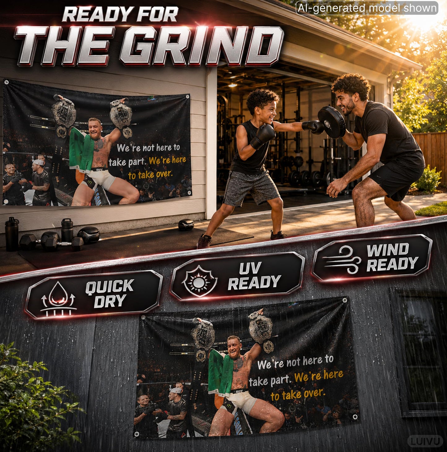 Set 4X Motiv Sports and Quote Polyester Flags 3x5 Ft with 4 and 2 Grommets - Muhammad Motivational Workout Single Sided Banner - Inspire Your Workout with this Banner - Boxing Inspirational Gym Flags