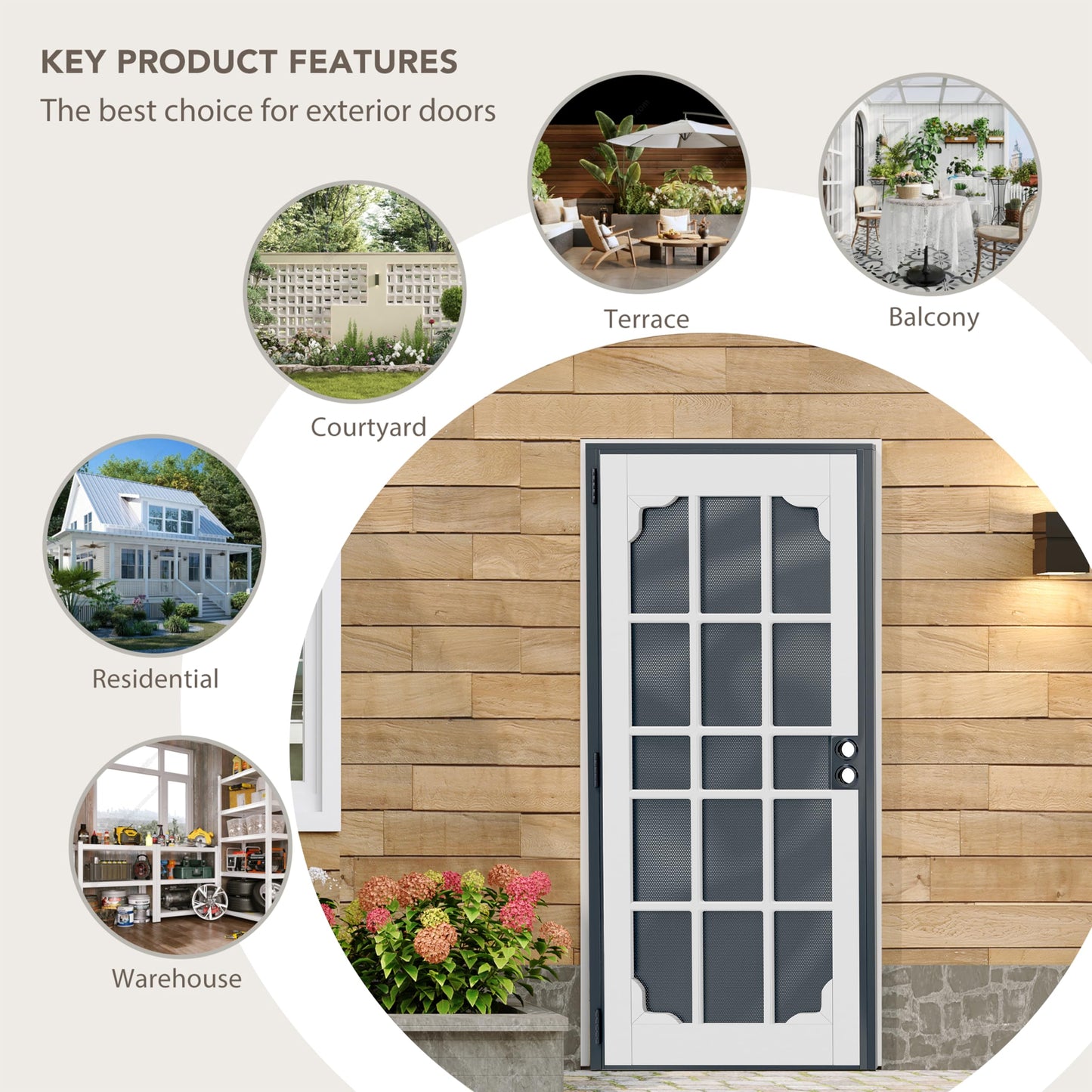 Lakenyon Steel Security Door, 32" x 80" Screen-Style Exterior Door, Electrophoretic E-Coated Steel & White Pine Wood Construction, Non-Handed, Bronze