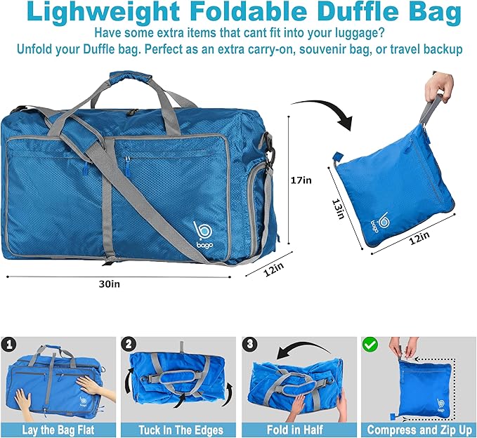 Bago Large Foldable Duffel Bags for Traveling Women & Men - 100L Packable Duffle Bag for Travel with Shoe Compartment - Water Repellant, Heavy Duty, Lightweight Folding & Collapsible (Blue)