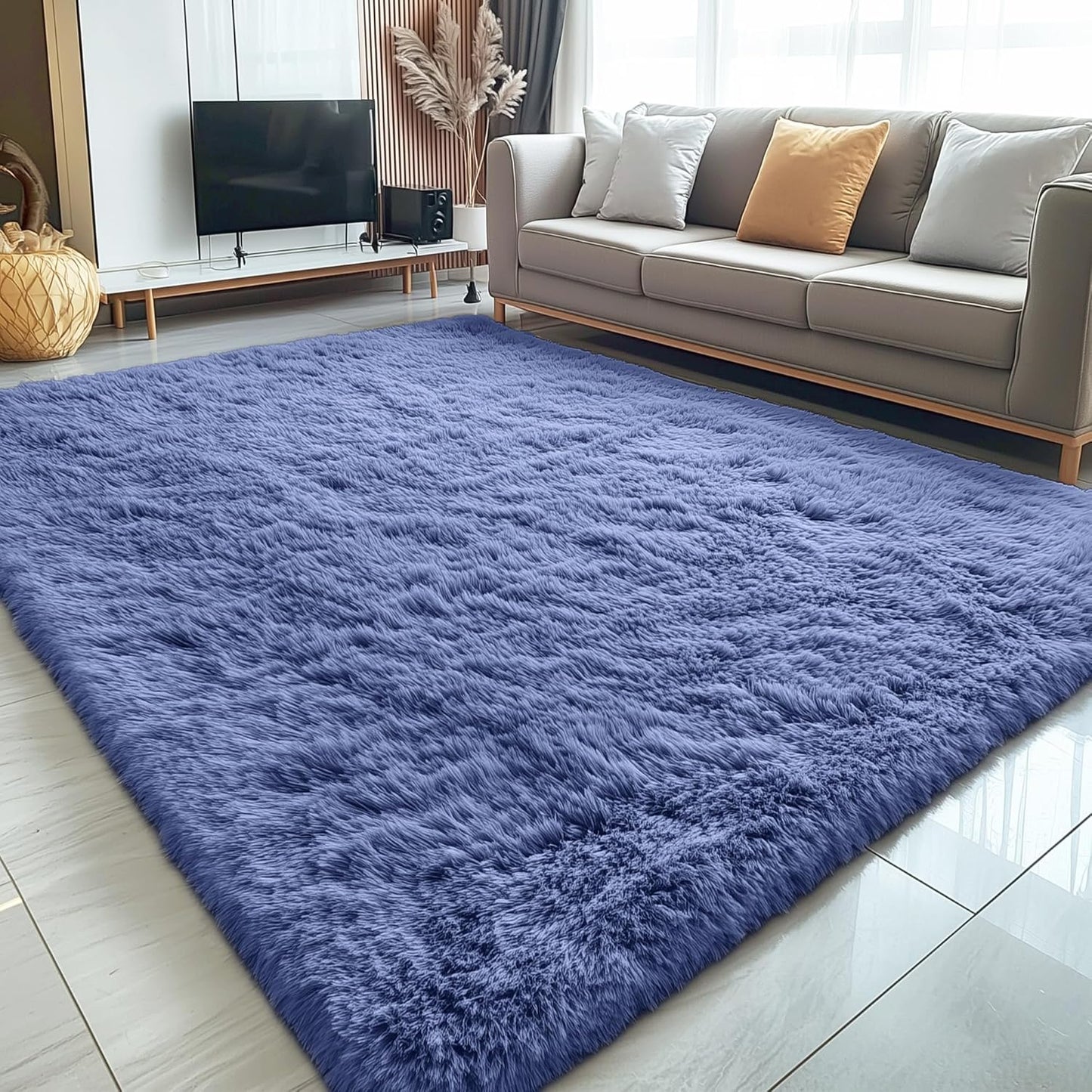 OLANLY Large Area Rug - Soft Fluffy Shaggy Carpet for Living Room & Bedroom | Denim Blue, 5x8 ft