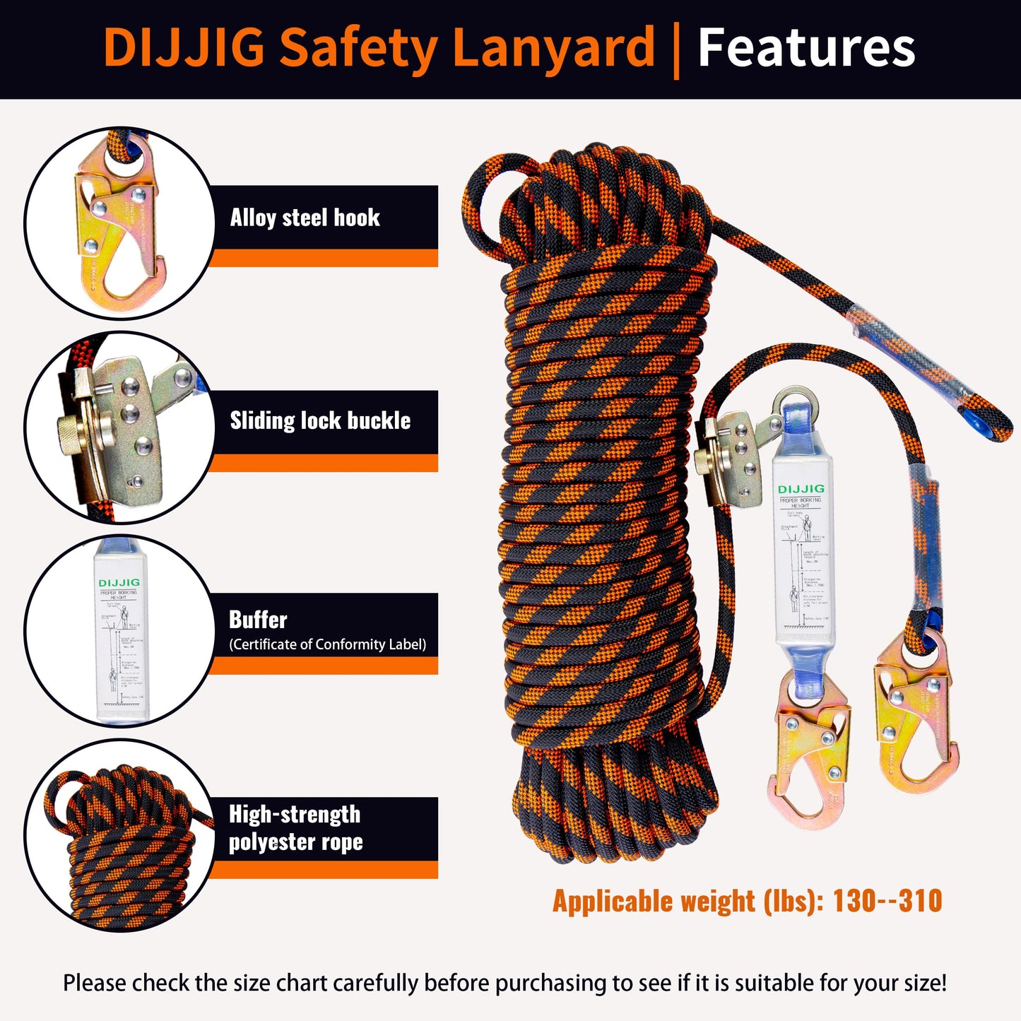 DIJJIG Rope Harness Safety Lanyard 25ft Vertical Roofing Rope With Grab Snap Hooks Shock Absorber Fall Protection Tree Climbing Line Kit Heavy Duty Roof Safety Equipment ANSI CE