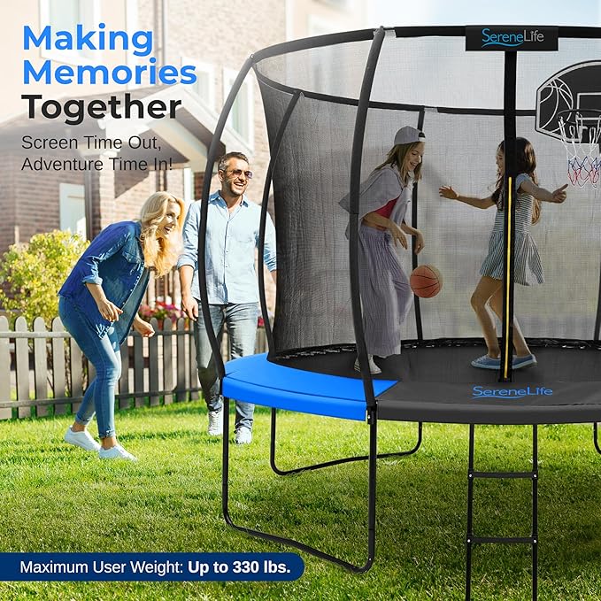 SereneLife 8FT 10FT 12FT 14FT Outdoor Trampoline for Kids - Recreational Backyard Trampoline with Curved Safety Poles, Net Enclosure, Ladder & Basketball Hoop - ASTM Approval for Kids Adults