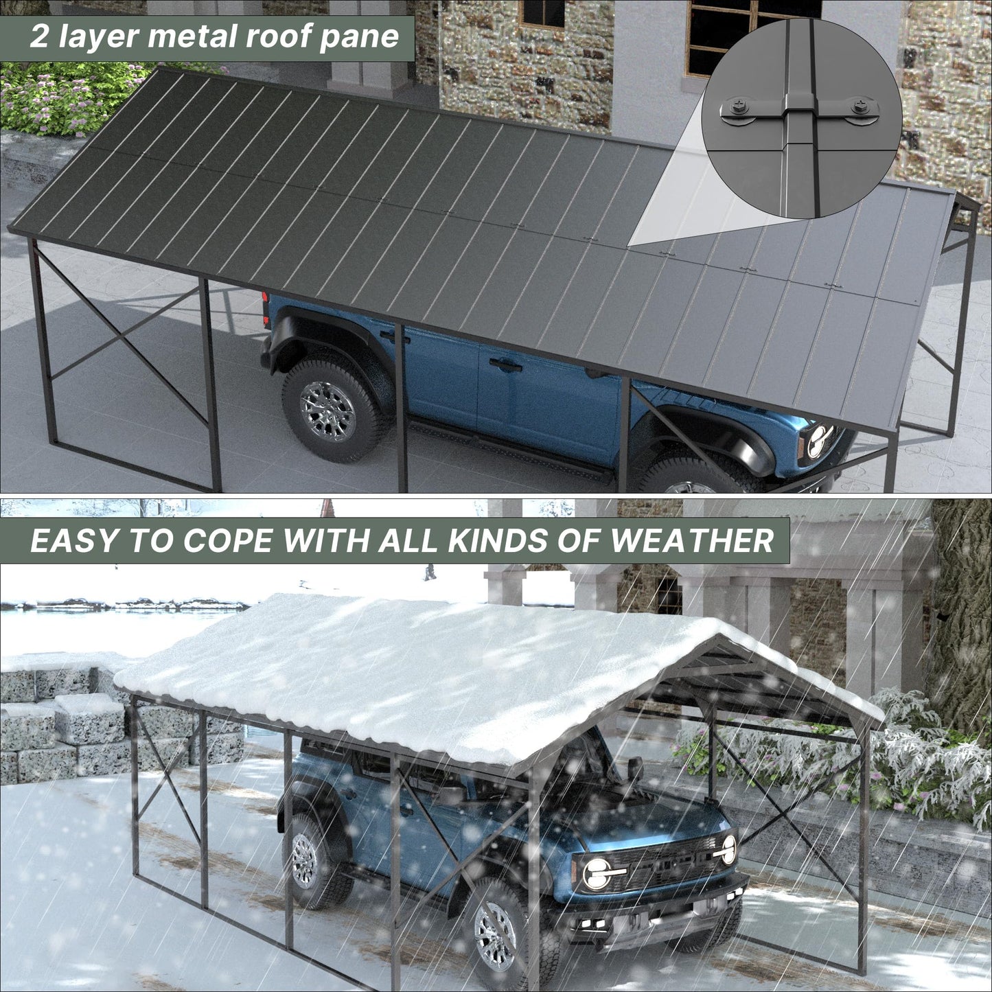 ASJMR 12' x 22'Metal Carport Heavy Duty, Outdoor Carport Canopy Heavy Galvanized Garage Car Shelter with Enhanced Base and Roof,Weather-Resistant Canopy for Cars, Trucks, Boats, Pickups