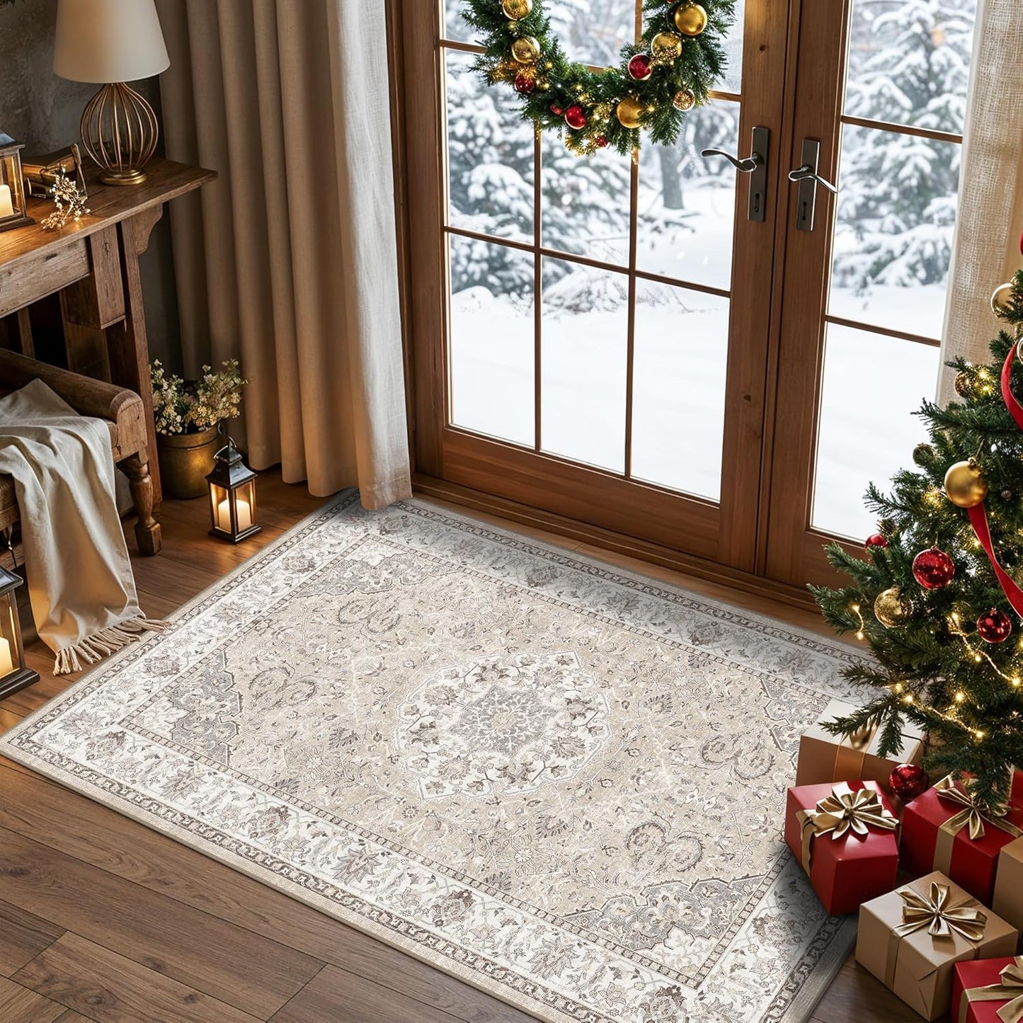 Skiennix Washable 3x4 Floor Mats - Non-Slip Water-Resistant Area Rug for Kitchen & Living Room | Beige
