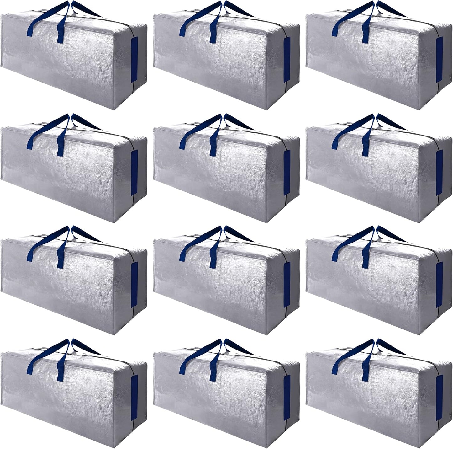 Sweet Dolphin Extra Large Moving Bags - Heavy Duty Storage Totes with Strong Zippers & Handles | 12 Pack, Silver