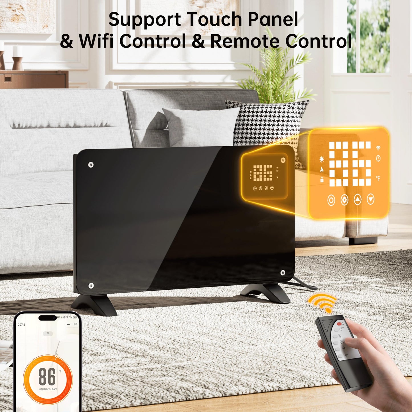 SUNDATE Convection Heater Wifi Control, Indoor Space Heater, 1500W Electric Heating with Remote Control, Digital Display, Fast Heating, 24H Timers for Living Room, Bedroom, Office