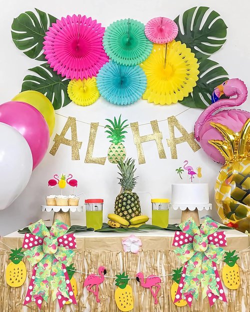 Estivaux Summer Wreath Bows - Green & Pink Burlap with Hawaiian Flamingos | 2-Piece Set for Beach & Pool Party Decor