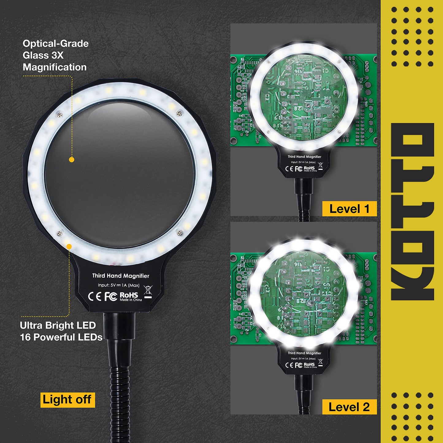 KOTTO LED Lighted Magnifying Five Arms Helping Hands Soldering Station,Strong Suction Smoke Absorber for Soldering