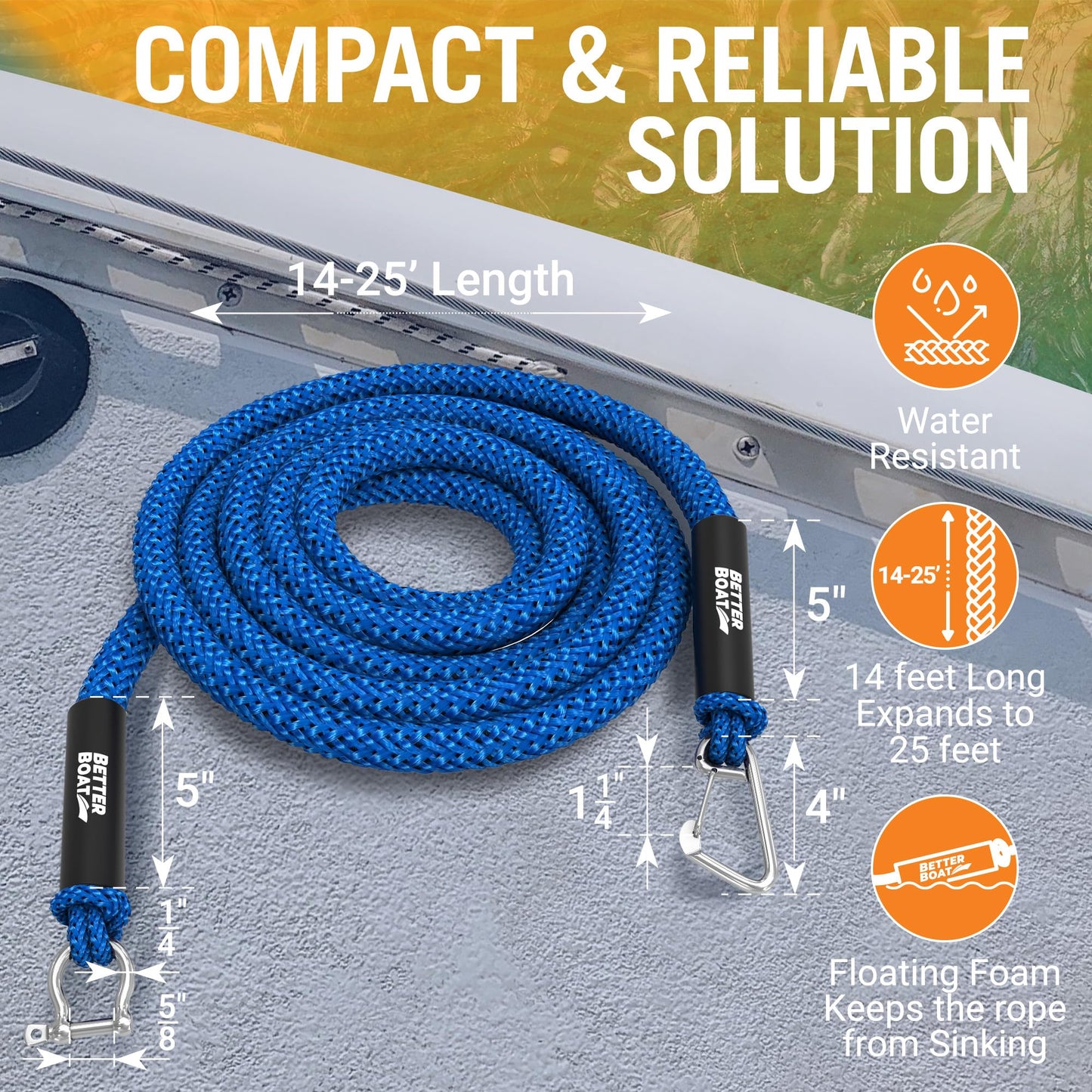 Bungee Anchor Rope, Elastic Snubber Anchor Line, 14 ft to 25 ft Stretch, Blue, for Boats and Anchors