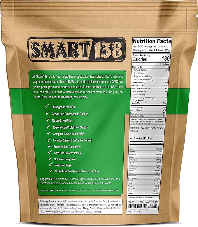 Vanilla Pea Protein, Ultra-Fine Powder, Vegan, Gluten-Free, Soy-Free, Dairy-Free, Non-GMO, USA/Canada, Keto (Low Carb), Natural BCAAs (1000g / 2.2lbs, Vanilla)