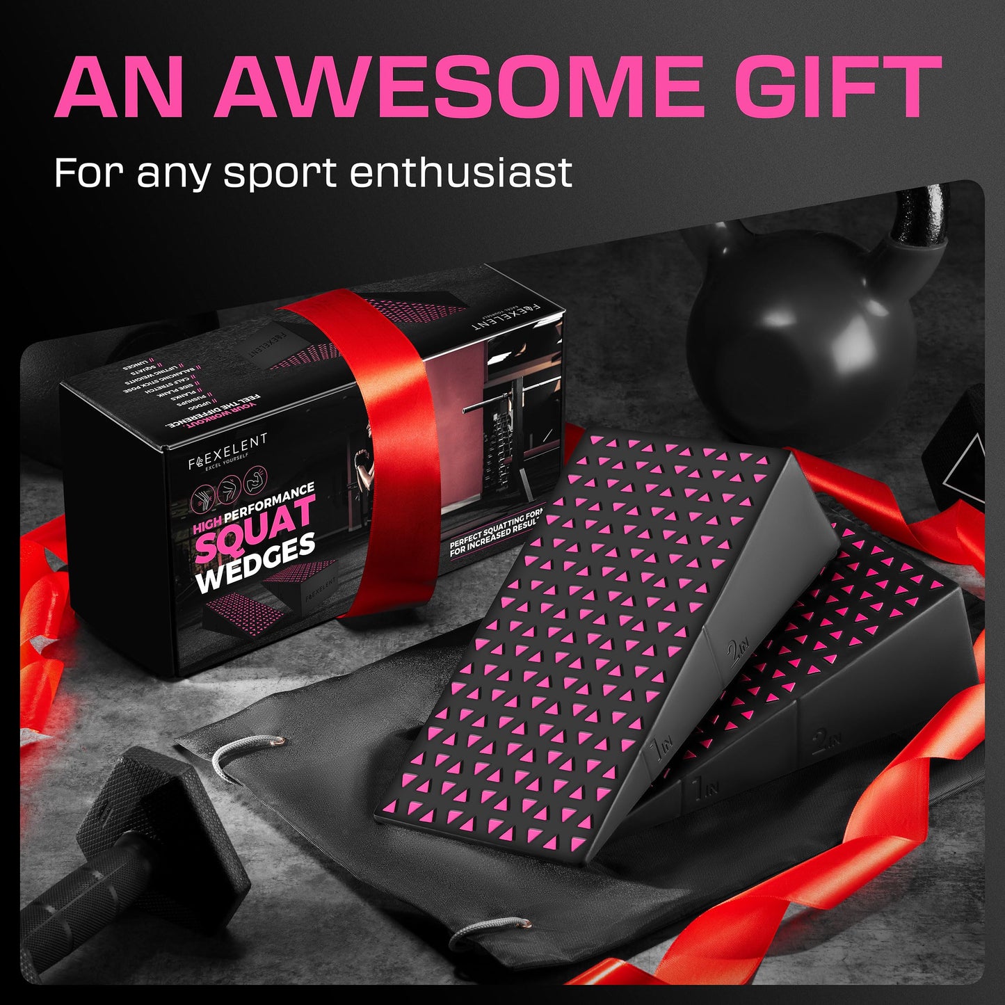 Flexelent Squat Wedge Block Pair - Heel Elevated Squat Wedge for Deeper Squats, Heavy Lifting and Better Form - 17° Angle Exercise Wedges, Slant Board for Squats with Carry Backpack - Pink Power