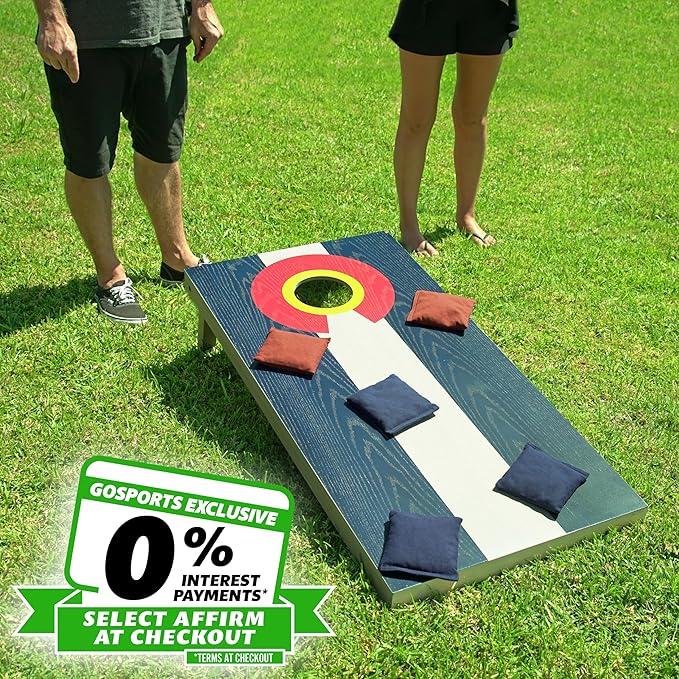GoSports 4 x 2 ft Flag Series Wood Cornhole Sets – American Flag or State Flags – Includes 2 Regulation Size Boards, 8 Bean Bags, Carrying Case and Rules