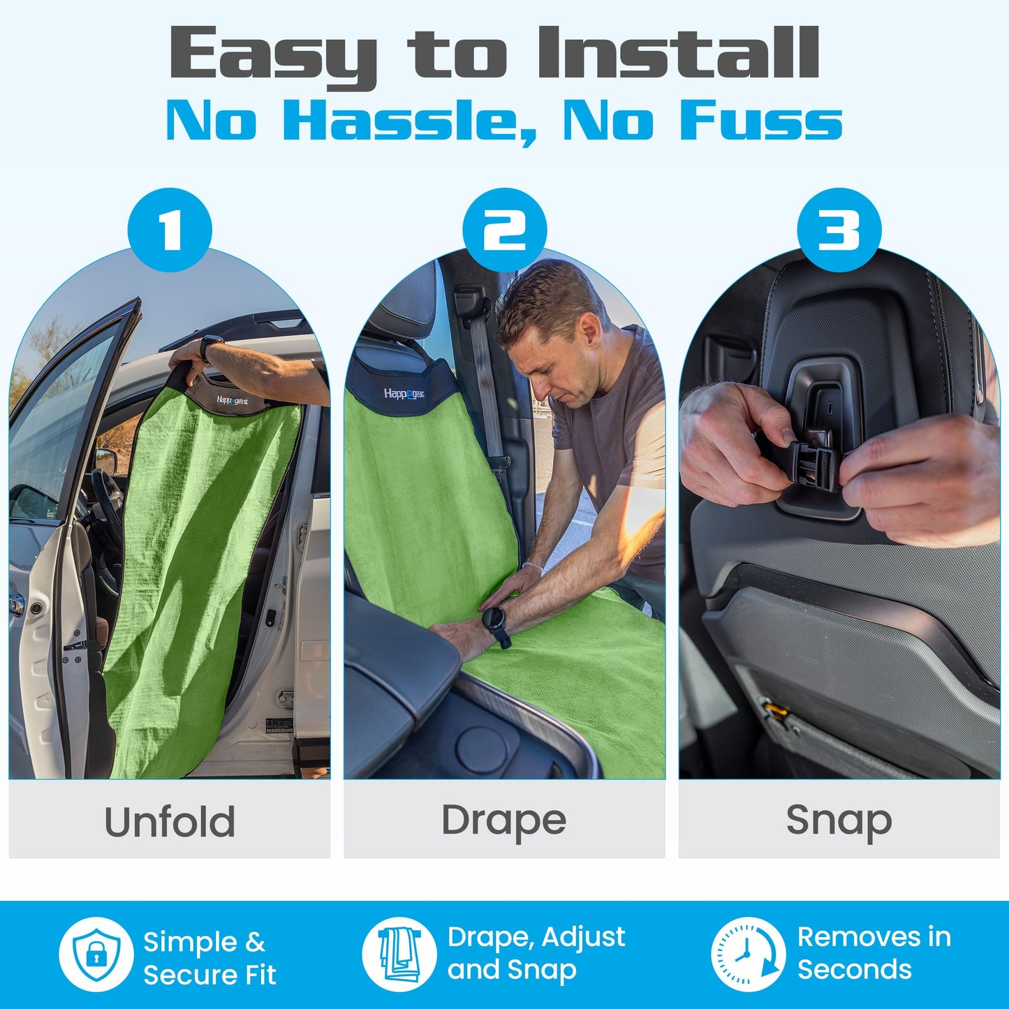 HAPPEGEAR Happeseat Waterproof Car Seat Cover & Protector – Universal Fit Car Seat Towel Cover – Non-Slip Backing, Easy Install & Storage, Machine Washable, Fits Front & Back, Green