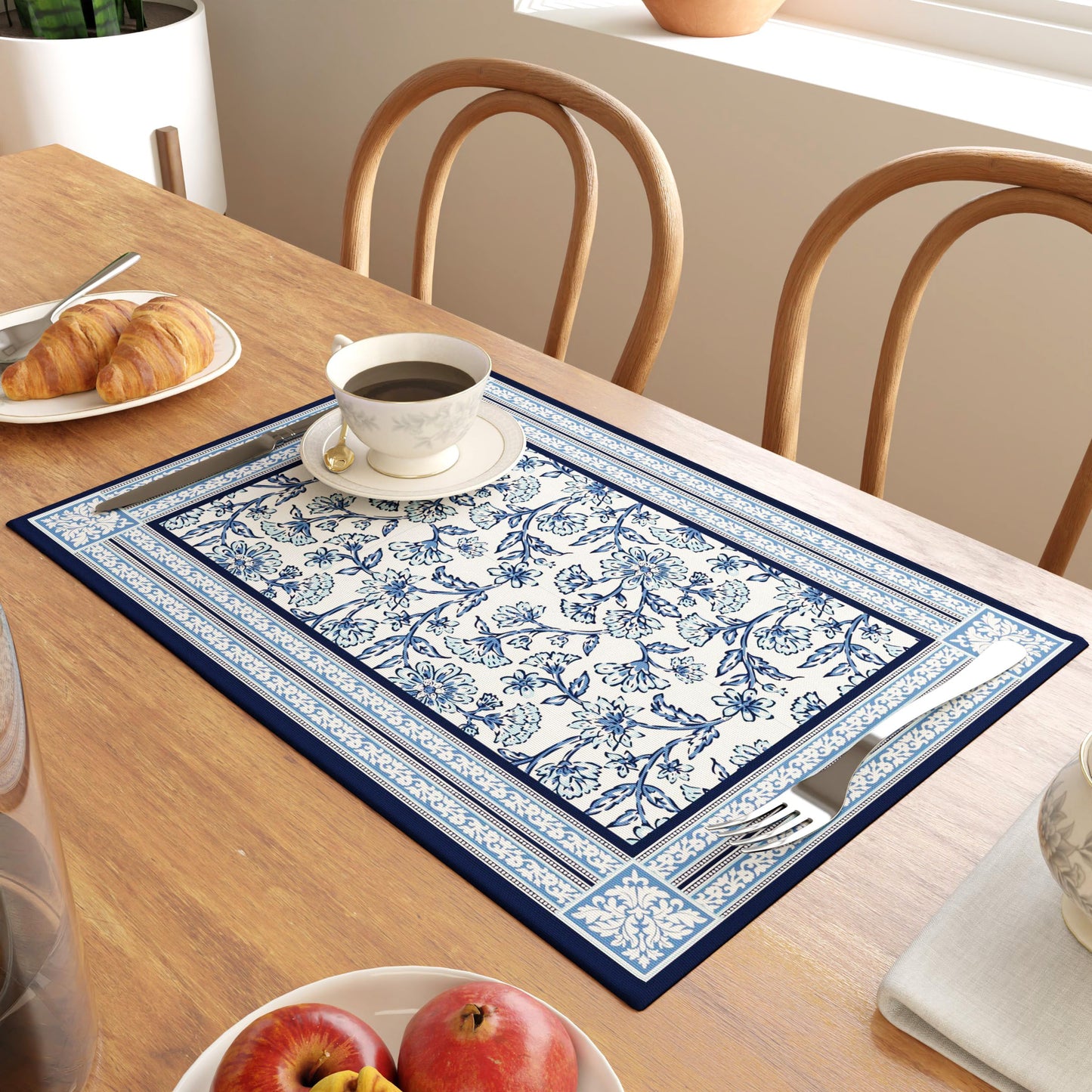 Encasa XO Dining Table Mats Set of 6 | Indigo-02 Block Printed Cotton Canvas Placemat - 18x13 in | Jaipur Sanganeri Hand Print