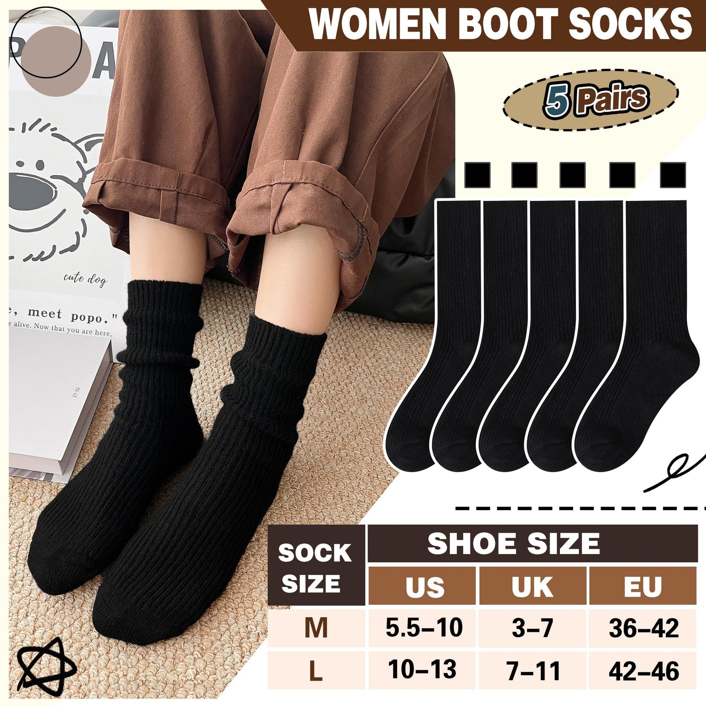 SAVALOS Women Black Merino Wool Slouchy Boot Socks Warm Winter Thermal Slouch Scrunch Cozy Knit Comfy Hiking Work Gifts Socks 5 Pairs Stocking Stuffers(Black,Medium)
