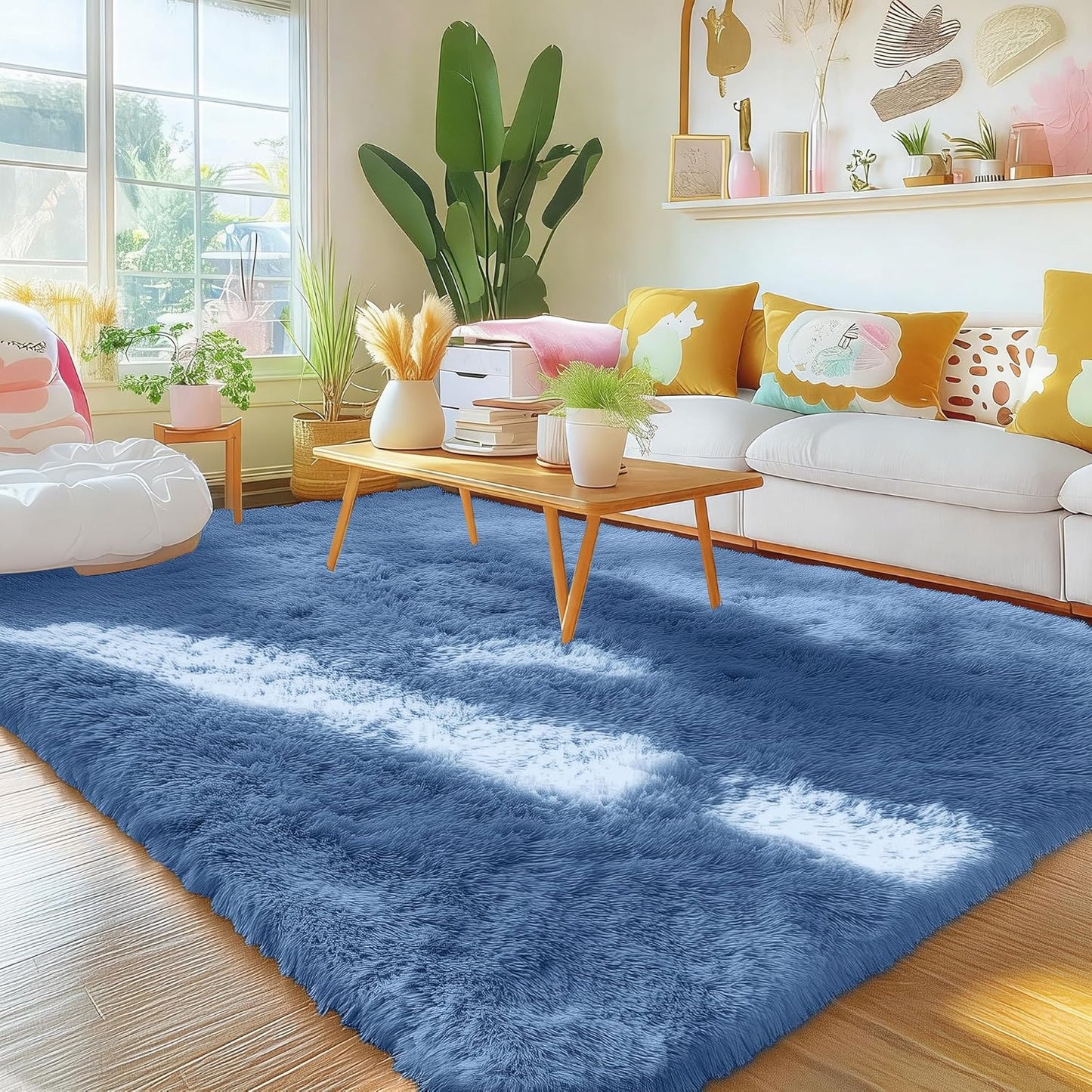 OLANLY Area Rugs - Soft Fluffy Shaggy Indoor Carpet for Living Room & Bedroom | 4x5.9 ft, Blue