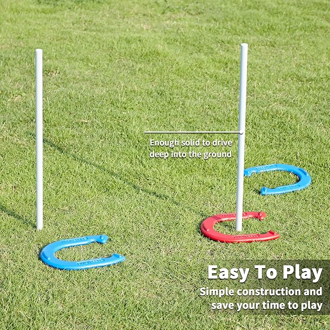 Horseshoes Outside Game Set - Universal Size Lawn Horseshoes Outdoor Games for Parties Beach Backyard, Includes 4 Horseshoes, 2 Steel Stakes and Durable Carrying Bag