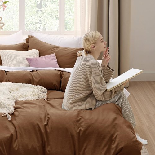 Bedsure Brown Duvet Cover Set - King Size 3-Piece Extra Soft Cotton-Like Bedding | 104x90 Inches with Zipper Closure