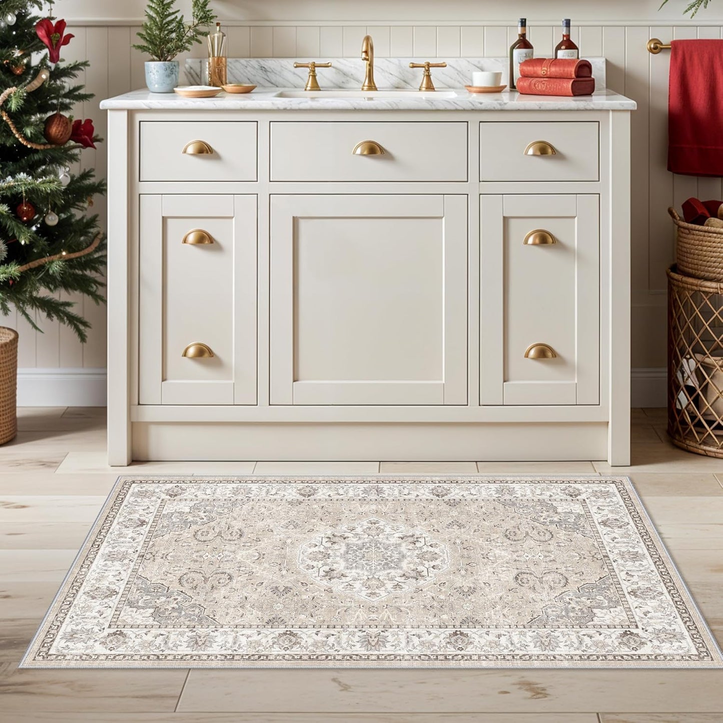 Skiennix Washable 2x4 Entryway Area Rug - Vintage Water-Resistant, Non-Slip, Ultra Soft Beige Mat