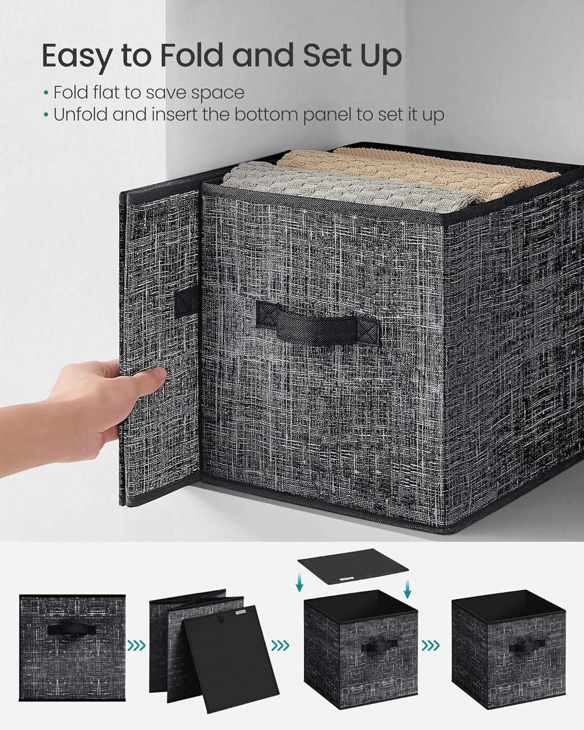 SONGMICS Storage Cubes - Foldable Non-Woven Fabric Bins with Double Handles | Set of 10, Ink Black, 10.2 x 10.2 x 11 Inches