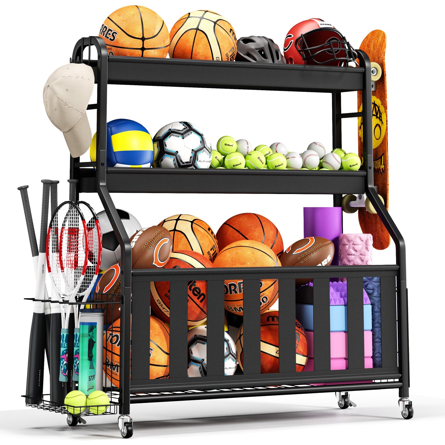 Keepmisc Sports Equipment Organizer, Rolling Ball Storage Cart with Locking Wheels, Hooks & Bat Rack