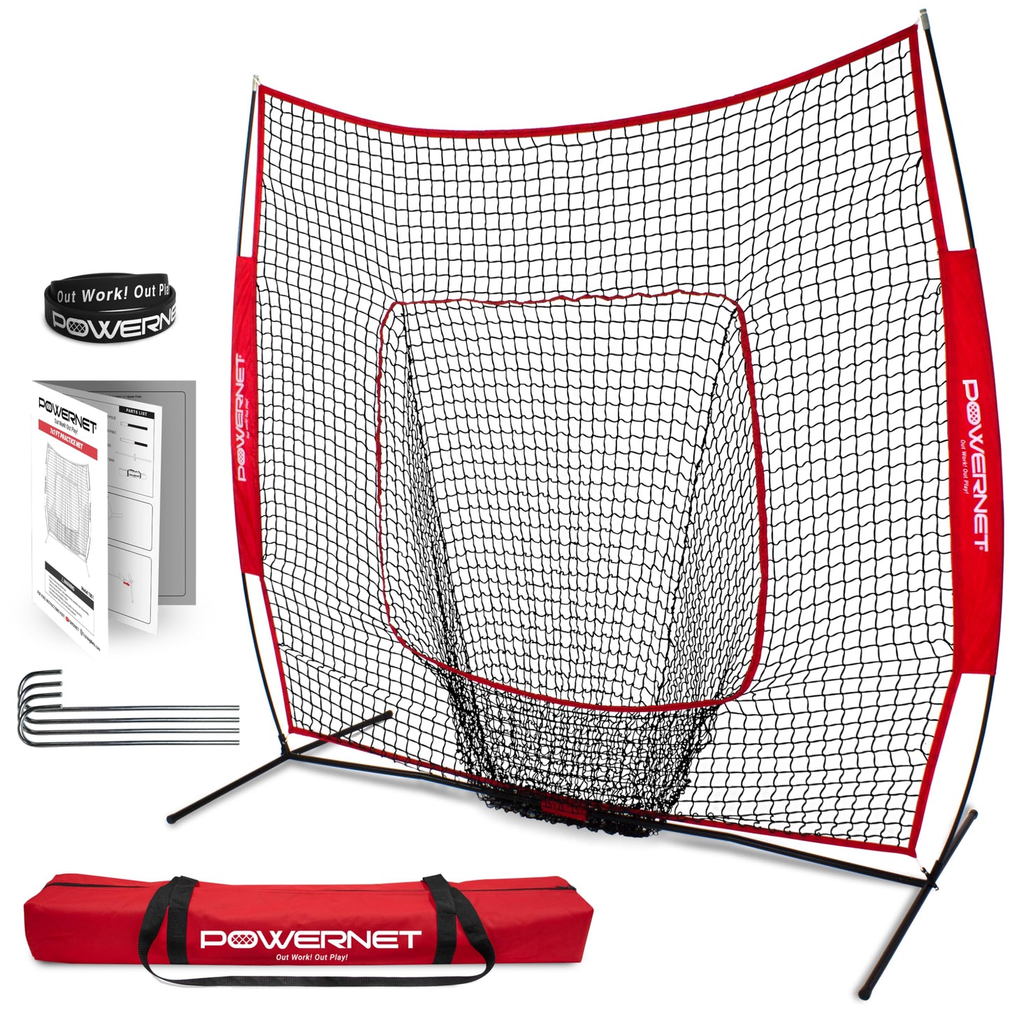 PowerNet Baseball & Softball Practice Net 7x7 FT, Outdoor Baseball Training Equipment for Pitching & Batting Practice (Red Net)