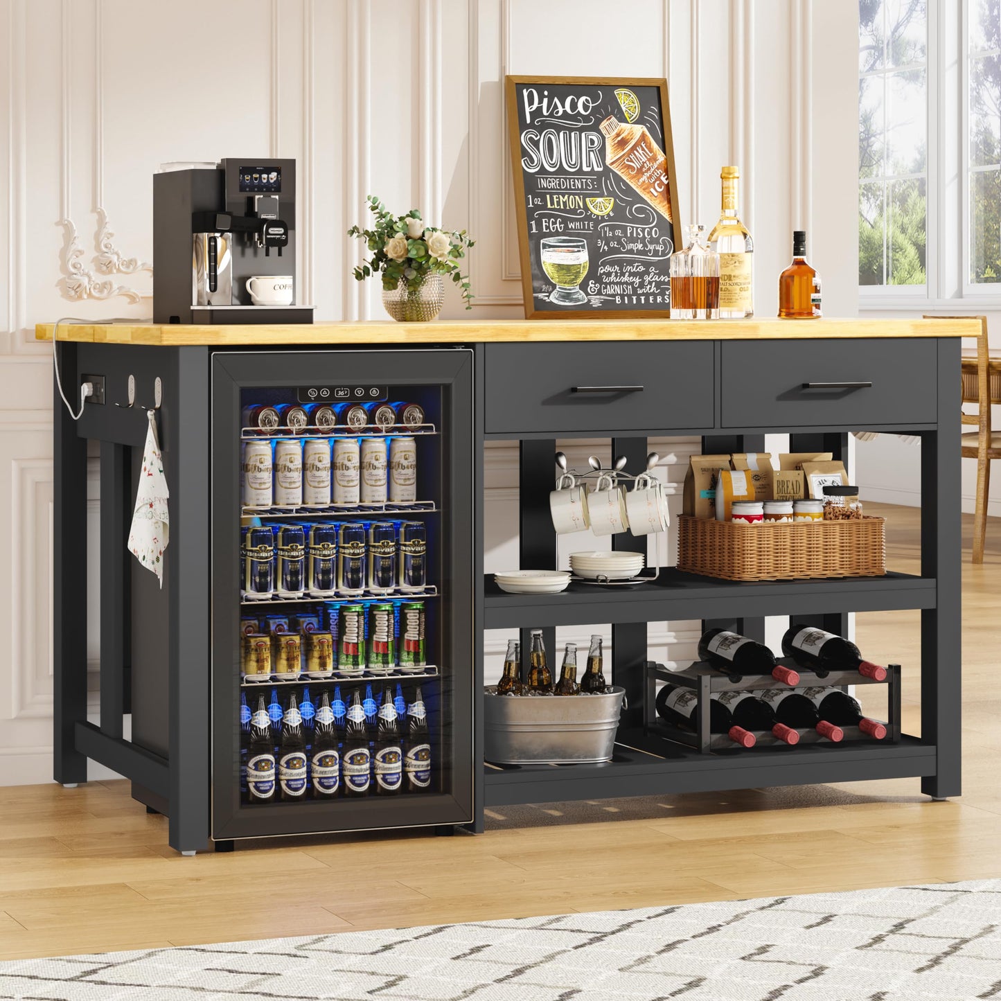 DynJest 60" Solid Rubberwood Kitchen Island with Fridge Storage Space and Power Outlets, 2 Drawers & Open Shelves Coffee Bar Cabinet for Kitchen, Farmhouse Counter Height Dining Table for 2-4, Black