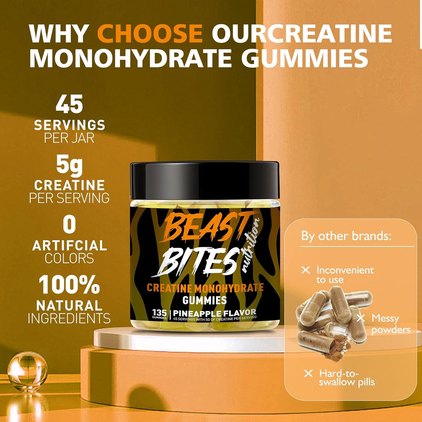 Creatine Monohydrate Gummies for Men & Women - 5g of Creatine Monohydrate per Serving - Sugar Free,Vegan, Pineapple Flavor, 135 Count (45 Servings)