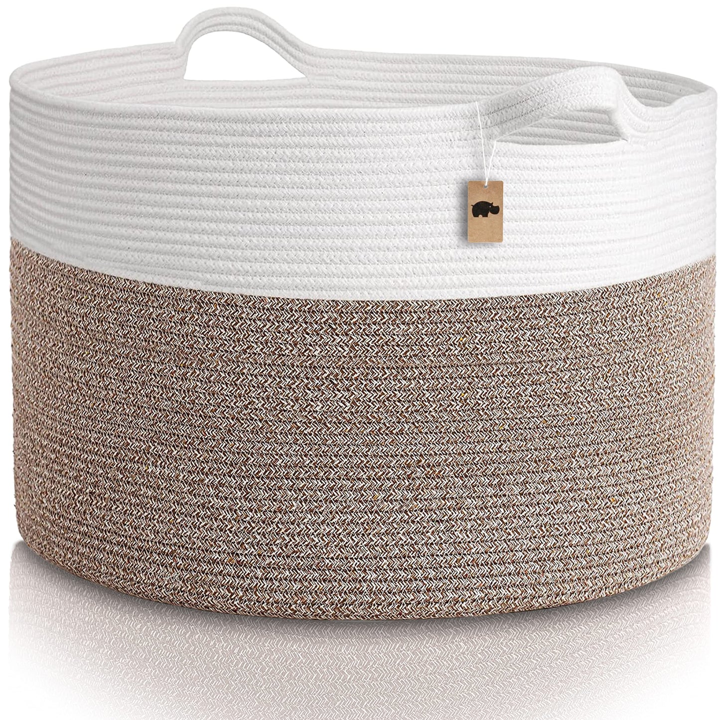 Little Hippo XXXL Cotton Rope Basket (22"x14") 100% Natural Cotton! Baby Gift, Large Blanket Storage for Living Room, Toy and Pillow Organizer (White & Brown)