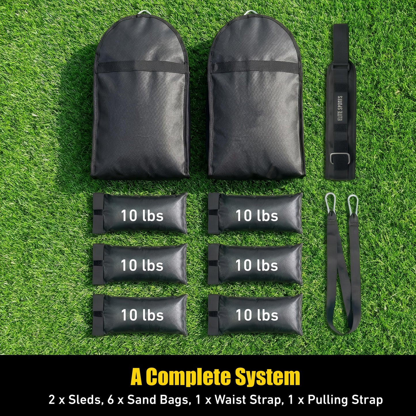 Elite Twin Sand Bag Sled Workout Sled – Waterproof Weight Sled Trainer with 6-Level 10–60 lb Resistance Pull System, Adjustable Waist Strap for Speed, Strength, Endurance & Agility Training