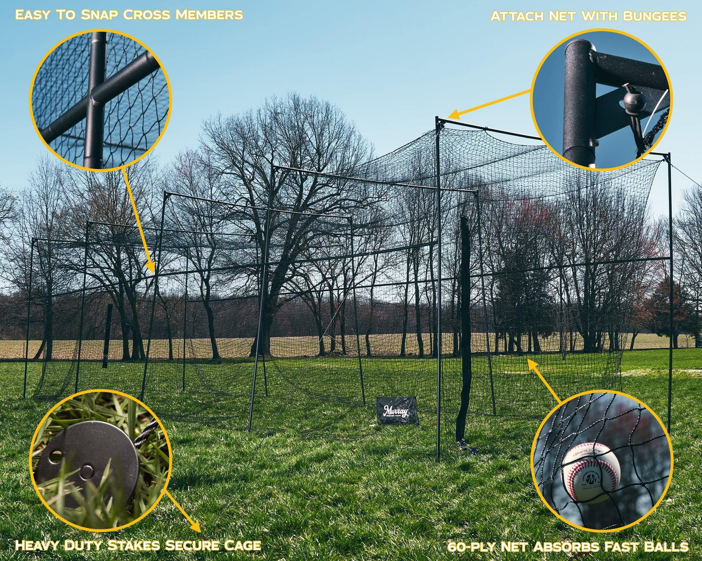 Murray Sporting Goods Baseball/Softball Batting Cage 40 ft - Black Steel Metal Frame with 60-Ply Net | Net Includes 7 ft Entrance Door and 4 ft Pitching Machine Hole