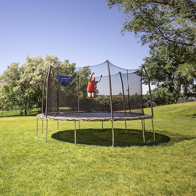 Skywalker Trampoline Outdoor 8 FT, 12 FT, 15 FT Jump N’ Dunk Round Outdoor Trampoline with Net, Trampoline Mat, and Basketball Hoop for Trampoline