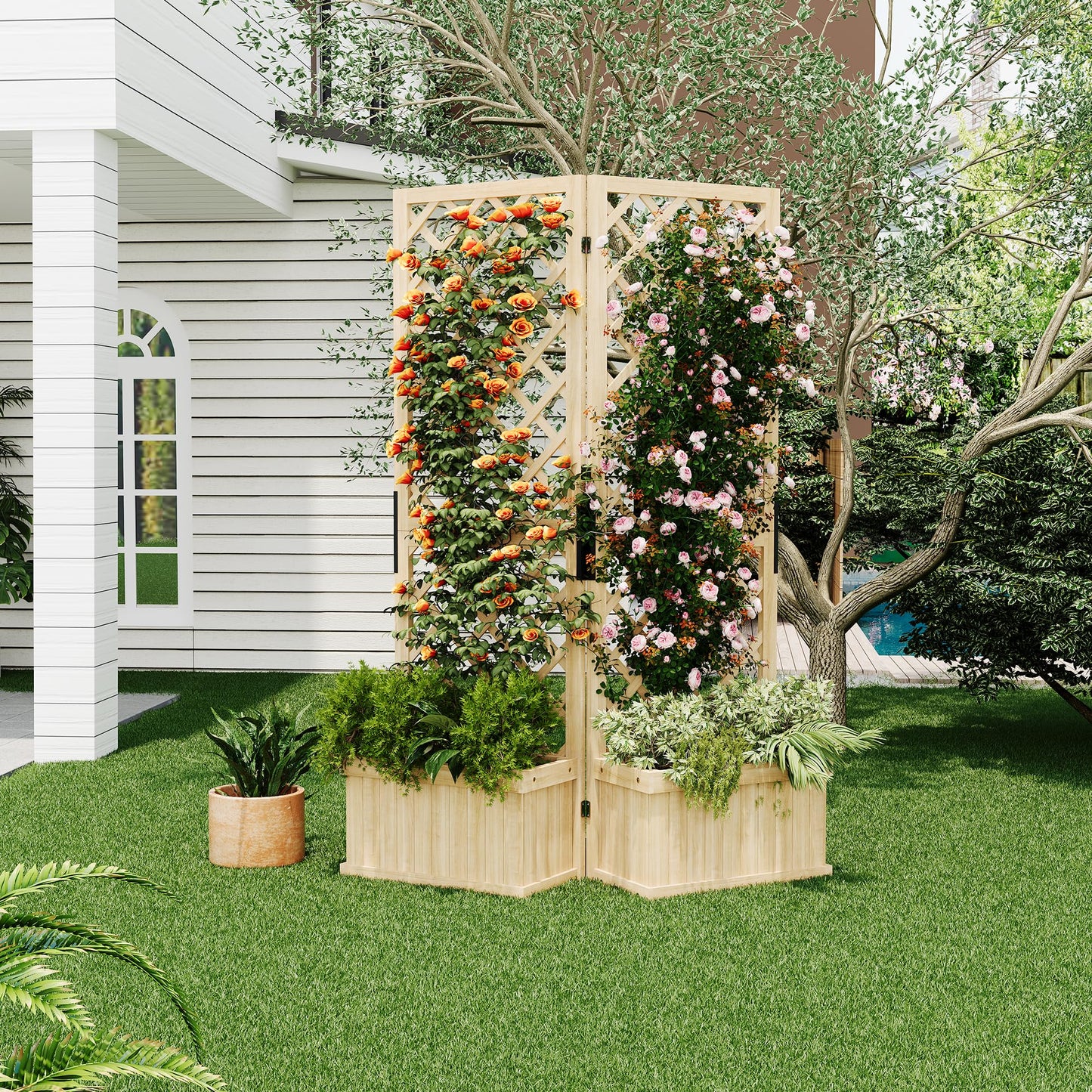 Cedar Privacy Screen with Planter Box - 2-Panel Freestanding Garden Fence, 41 in x10 in x65 in Tall Outdoor Divider with Drain Holes & Raised Bed for Patio, Deck & Backyard (Natural Wood)