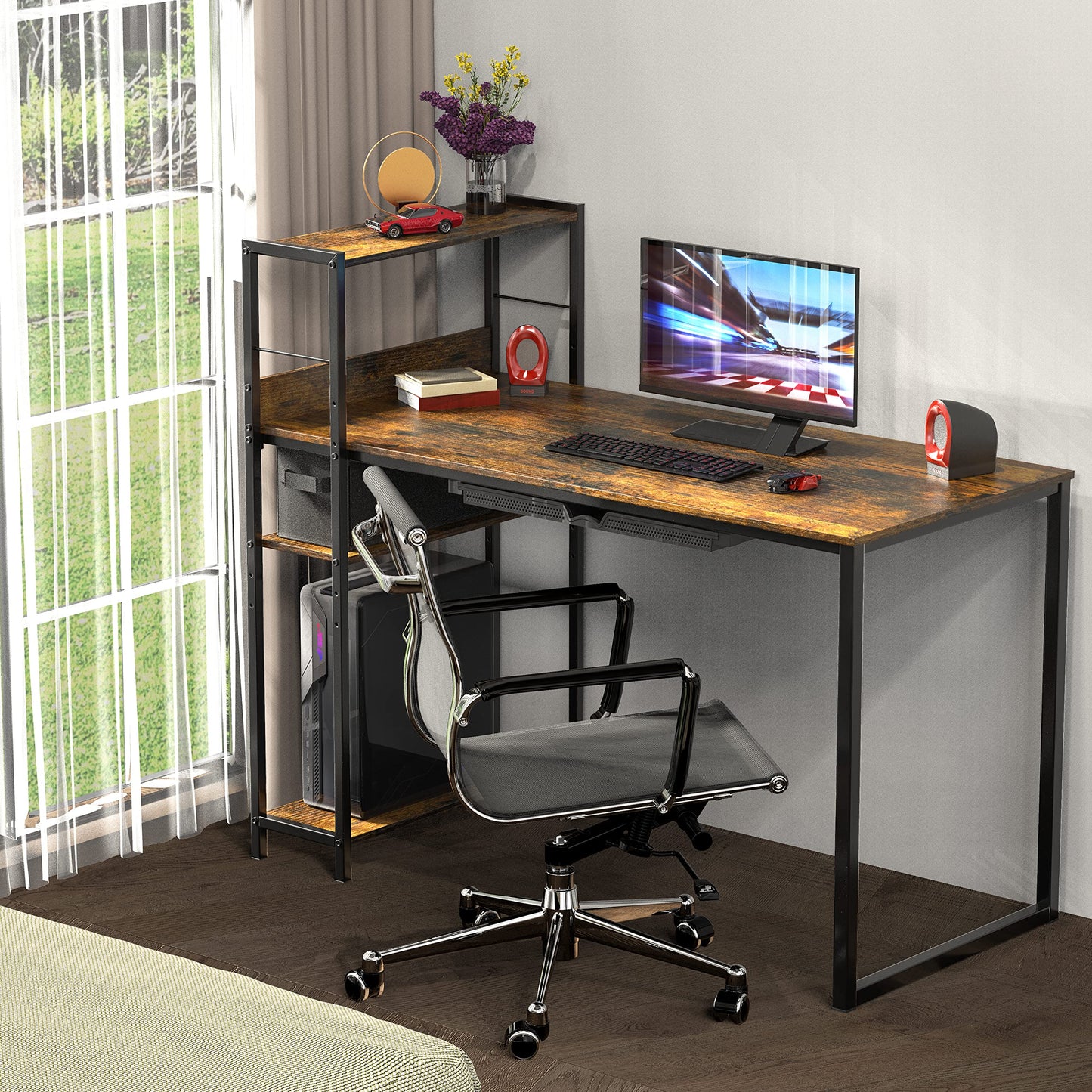 SHW 46-Inch Home Office Mission Computer Desk with Side Shelf and Drawer, Rustic Brown