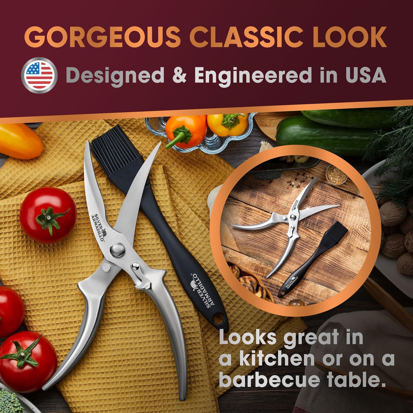 Silver Armadillo Heavy Duty Poultry Shears - Professional Stainless Steel Kitchen Scissors for Bone, Chicken, Meat, Fish & Vegetables - Spring Loaded (Stainless Steel handles)