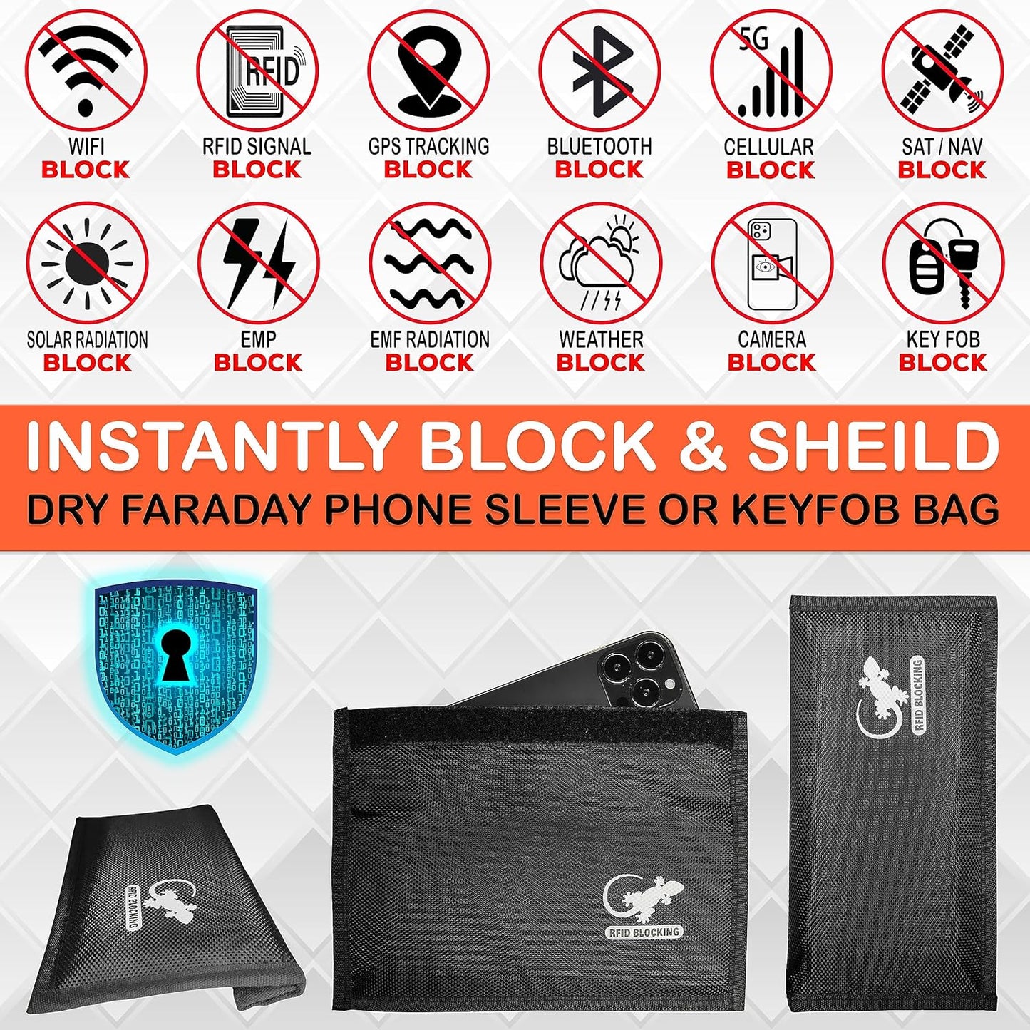 Gecko Travel Tech RFID Faraday Bag - GPS, RFID, and EMP Signal Blocker | Nylon Shielding Pouch for Cell Phone Privacy