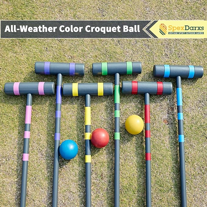 Six Player Deluxe Croquet Set, 35'' Croquette Game with Premium Wooden Mallets/Colored Balls/Wickets/Stakes/Carrying Bag, Outdoor Lawn Backyard Games for Teens Adults Family