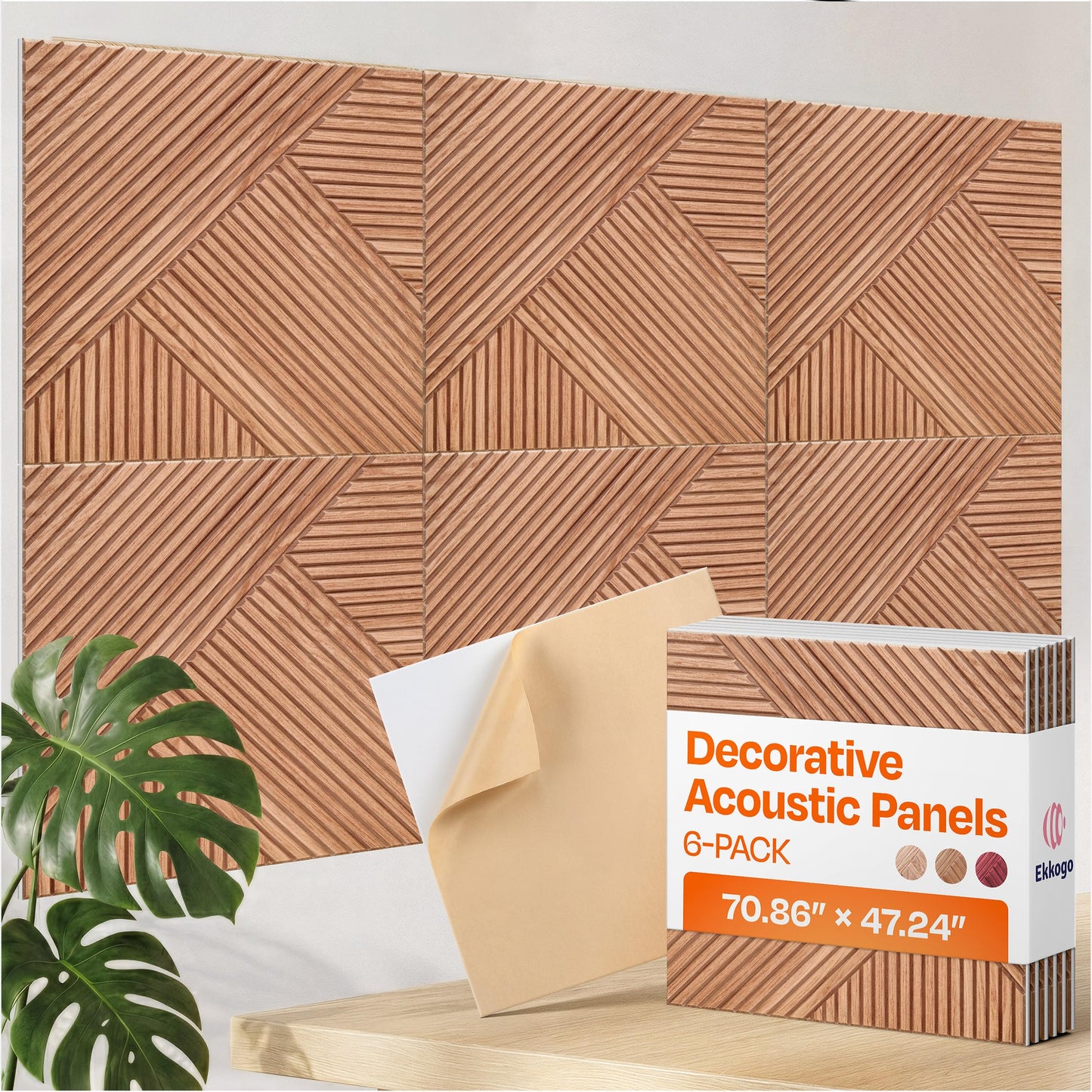 Ekkogo XL Acoustic Wall Panels 6-Pack Decorative Acoustic Panels High Density Sound Absorbing Wall Art 70.86X47.24 Inches with Self-adhesive for Studio Home and Office - Teak Wood Finish