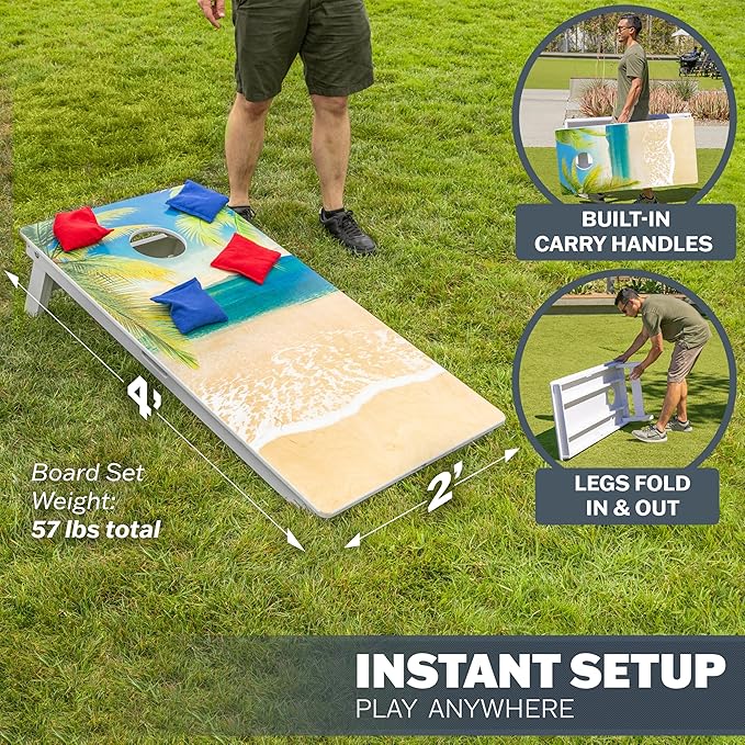 GoSports 4 x 2 ft Resort Collection All Weather Cornhole Boards - Choose Rustic, Beach, White DIY, Blue Stripe, Palms - Regulation Size Set