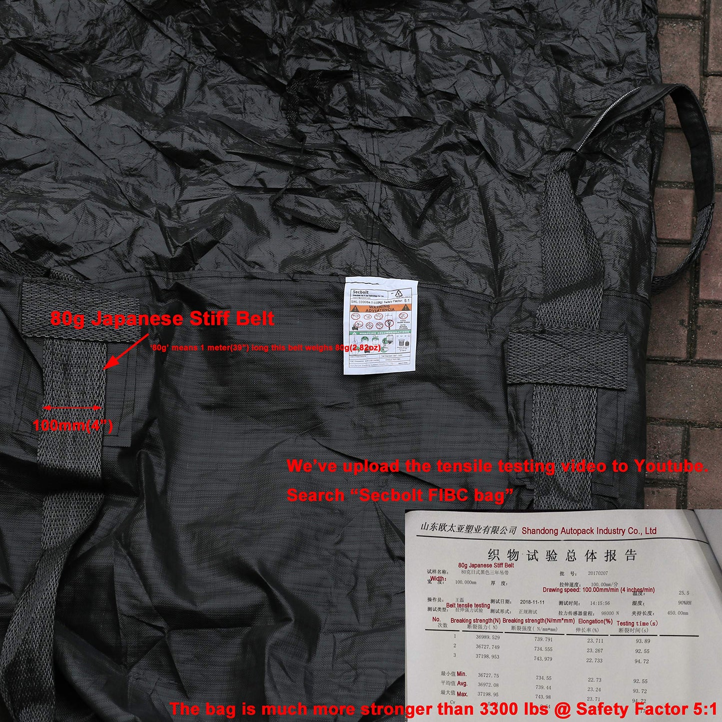 Secbolt Pack of 1 Heavy Duty FIBC Bulk Ton Bag, Anti-UV 3 Years, 3300lbs SWL, 43" Dia. x 43" H Tubular Duffle Top Flat Bottom Woven Polypropylene Bags