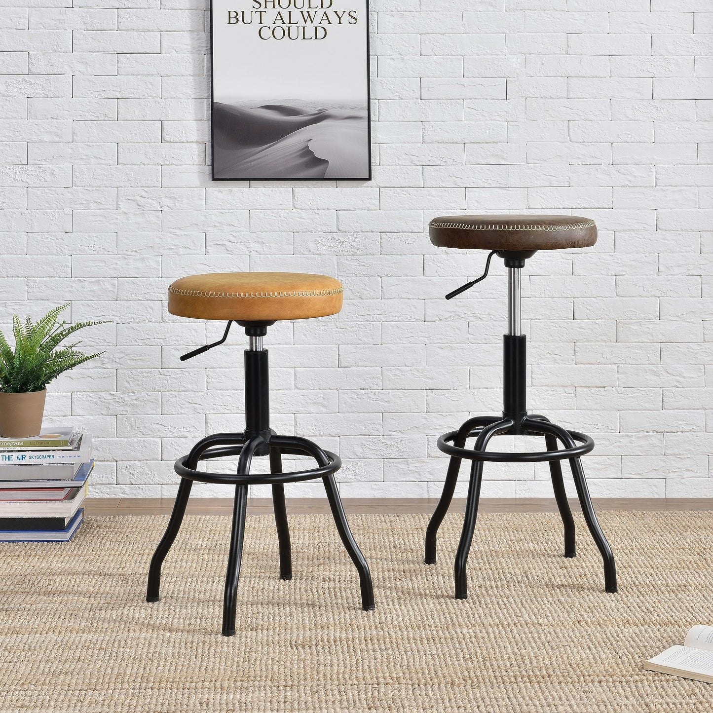 New Pacific Direct Eaton PU Leather Gaslift Backless Swivel Bar Bar & Counter Stools, Vintage Coffee Brown