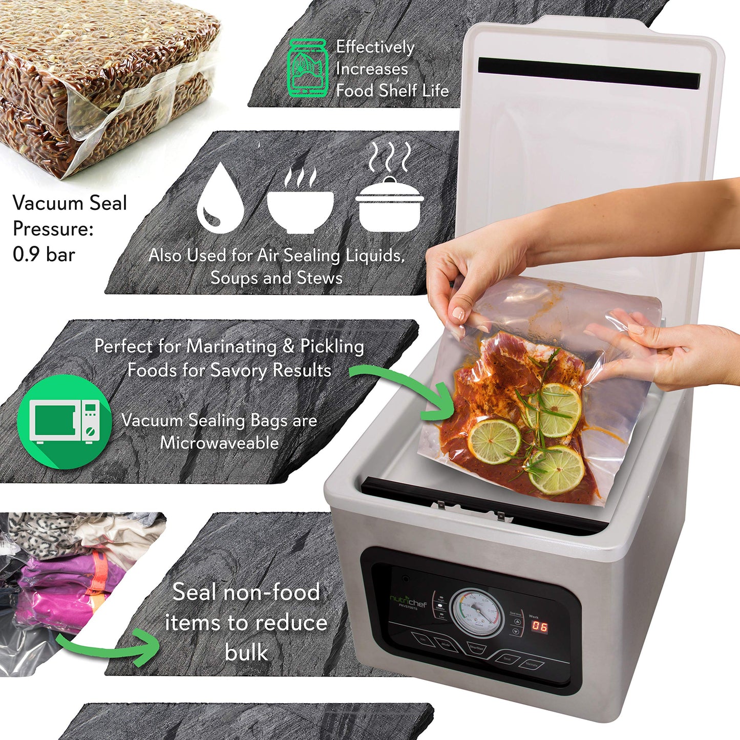 NutriChef Vacuum Sealer Machine - 350W Commercial 8L Chamber Type Automatic System Air Seal Machine Meat Packing Sealing Storage Preservation Sous Vide, Vac Roll Bags -NutriChef PKVS70STS