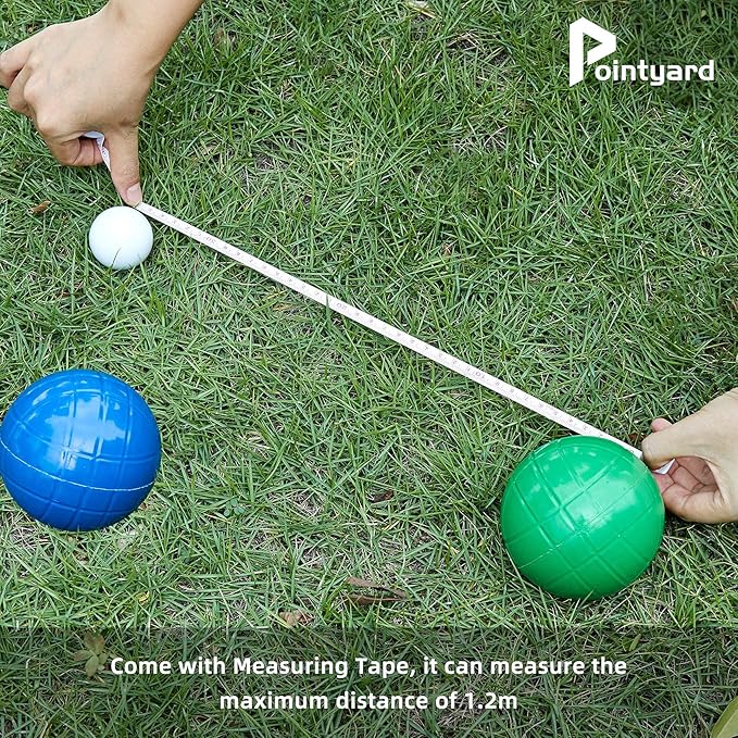 Pointyard 90mm Bocce Ball Set with 8 PE Balls, 1 Pallino, Carrying Bag, Measuring Tape - Family Game for Outdoor/Lawn/Beach/Park