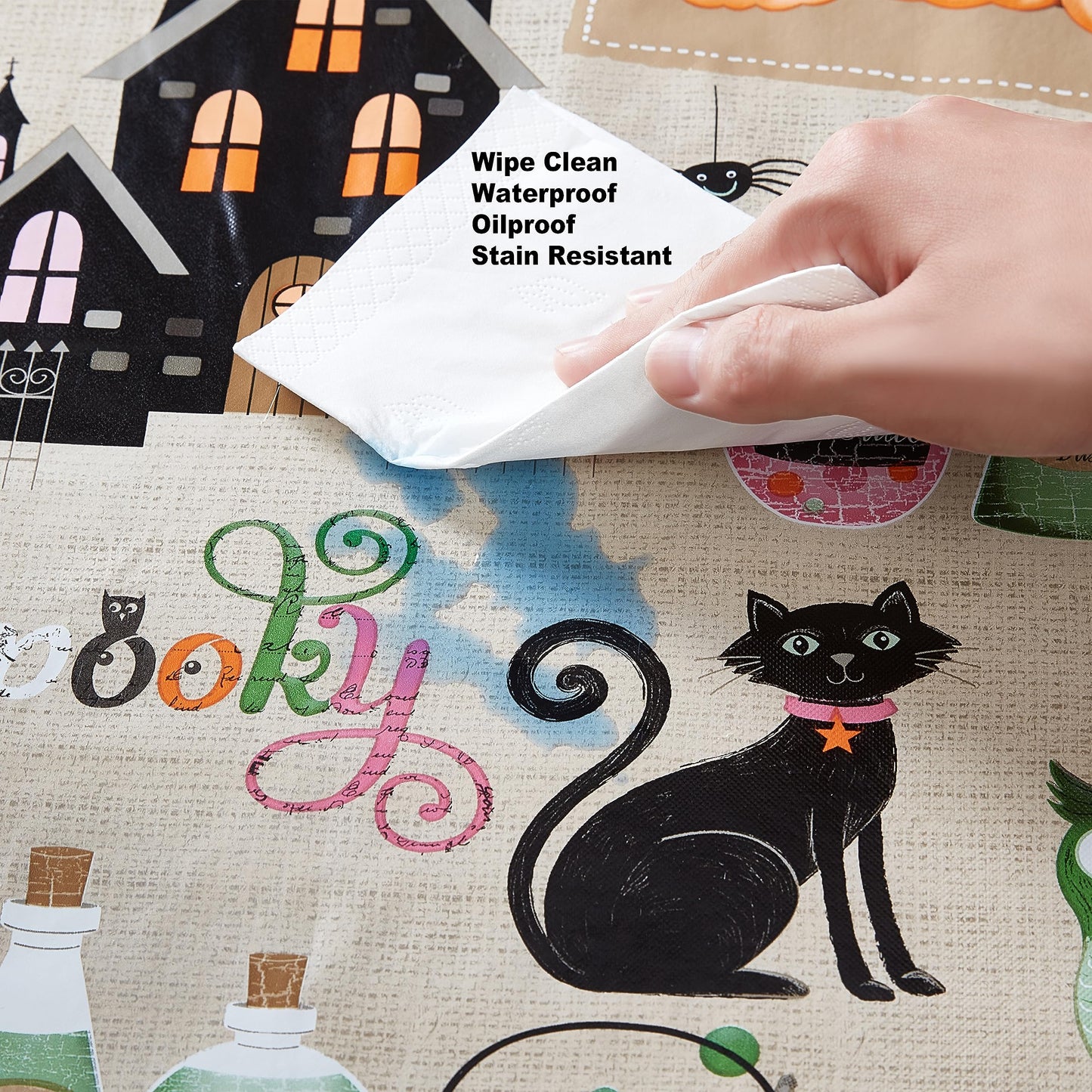 Newbridge Happy Halloween Witches Brew 60 x 84 Inch Oval Vinyl Tablecloth with Flannel Backing, Cute Ghost, Cat and Pumpkin Design, Easy Care Wipe Clean Halloween Table Cover